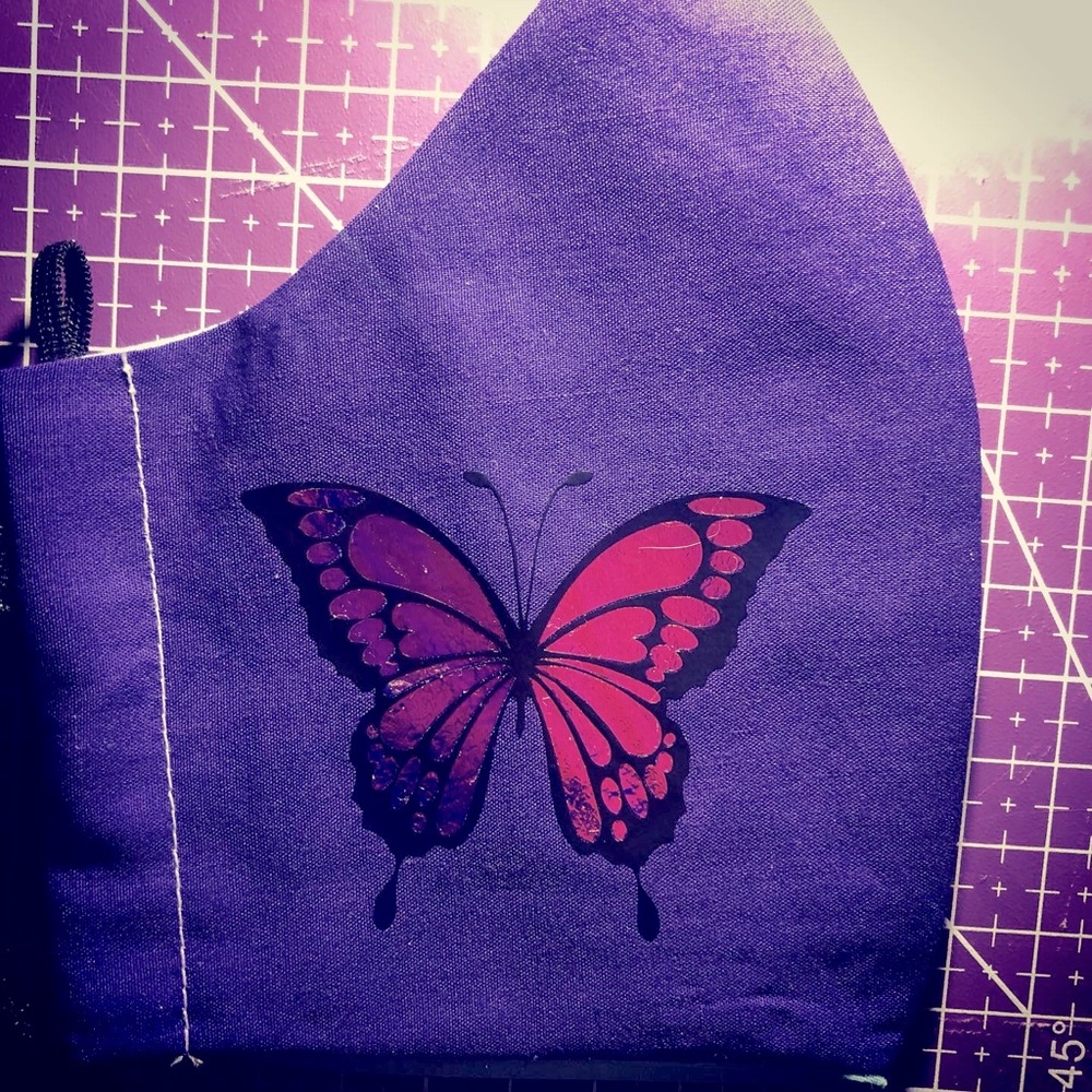 Purple holographic butterfly pattern mask!